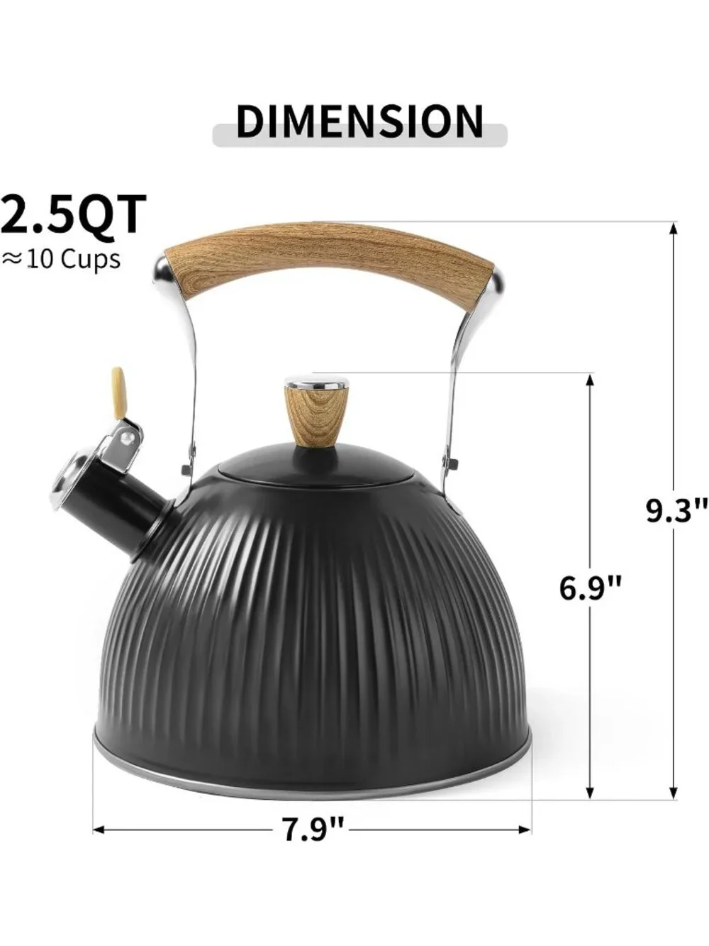 Black Stainless Steel Kitchen Whistling Tea Kettle 2.5 Quart Folding Wood Handle